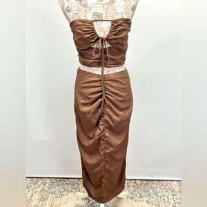 PRINCESS POLLY Brown strapless ruched cutout top and maxi skirt size 6.
